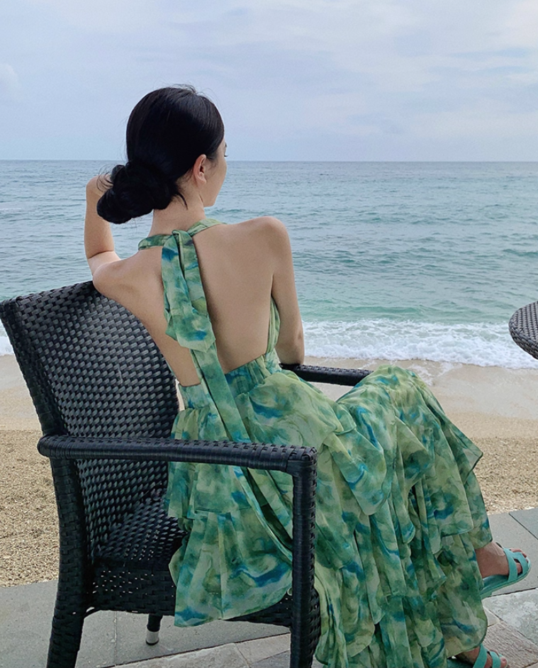 French-Inspired Watercolor Print V-Neck Maxi Dress Beach Vacation Flowy Tiered Halter Dress AP1115
