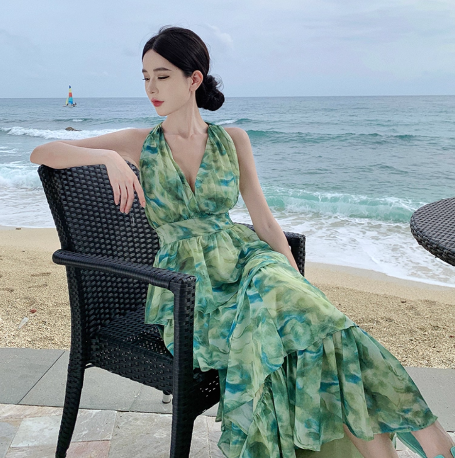 French-Inspired Watercolor Print V-Neck Maxi Dress Beach Vacation Flowy Tiered Halter Dress AP1115