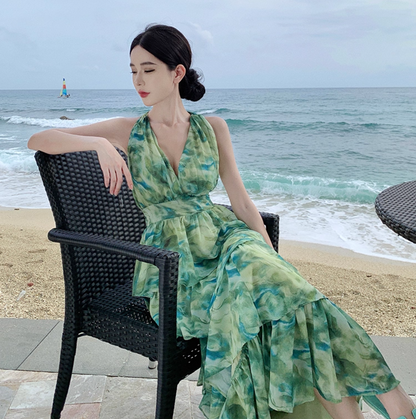 French-Inspired Watercolor Print V-Neck Maxi Dress Beach Vacation Flowy Tiered Halter Dress AP1115