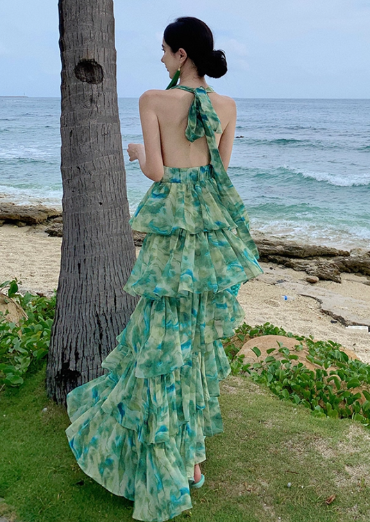 French-Inspired Watercolor Print V-Neck Maxi Dress Beach Vacation Flowy Tiered Halter Dress AP1115