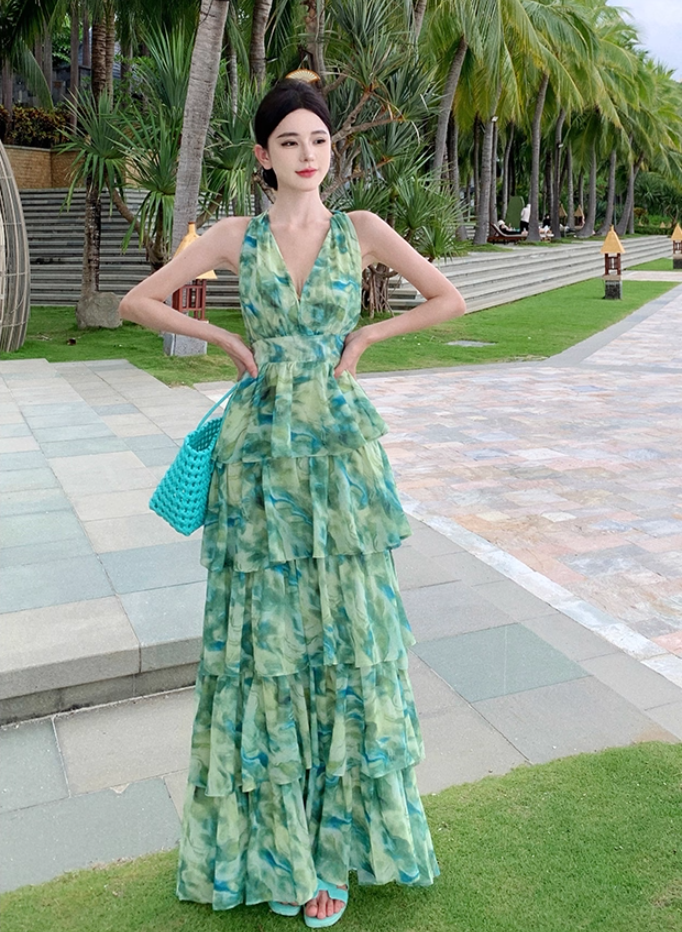 French-Inspired Watercolor Print V-Neck Maxi Dress Beach Vacation Flowy Tiered Halter Dress AP1115