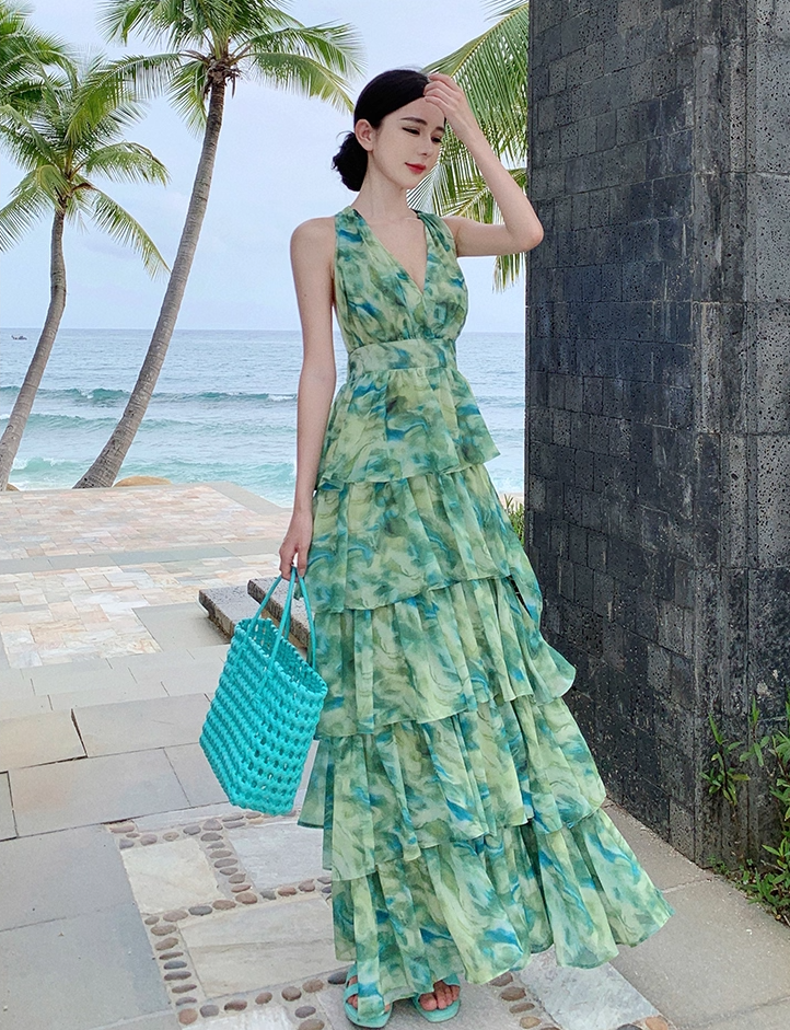 French-Inspired Watercolor Print V-Neck Maxi Dress Beach Vacation Flowy Tiered Halter Dress AP1115