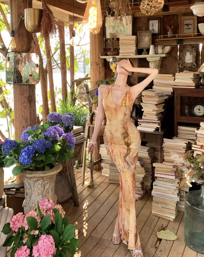 Chic Vacation Outfit Amber Abstract Print Mermaid Dress Backless Spaghetti Strap Party Bodycon Long Dress AP1116