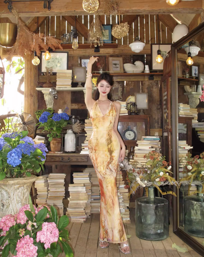 Chic Vacation Outfit Amber Abstract Print Mermaid Dress Backless Spaghetti Strap Party Bodycon Long Dress AP1116