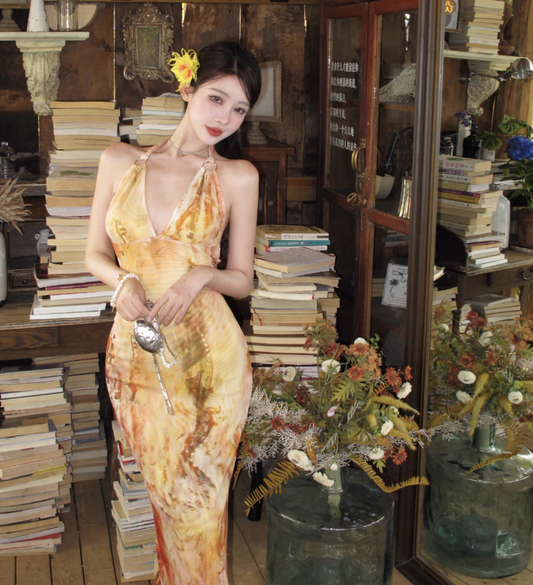 Chic Vacation Outfit Amber Abstract Print Mermaid Dress Backless Spaghetti Strap Party Bodycon Long Dress AP1116