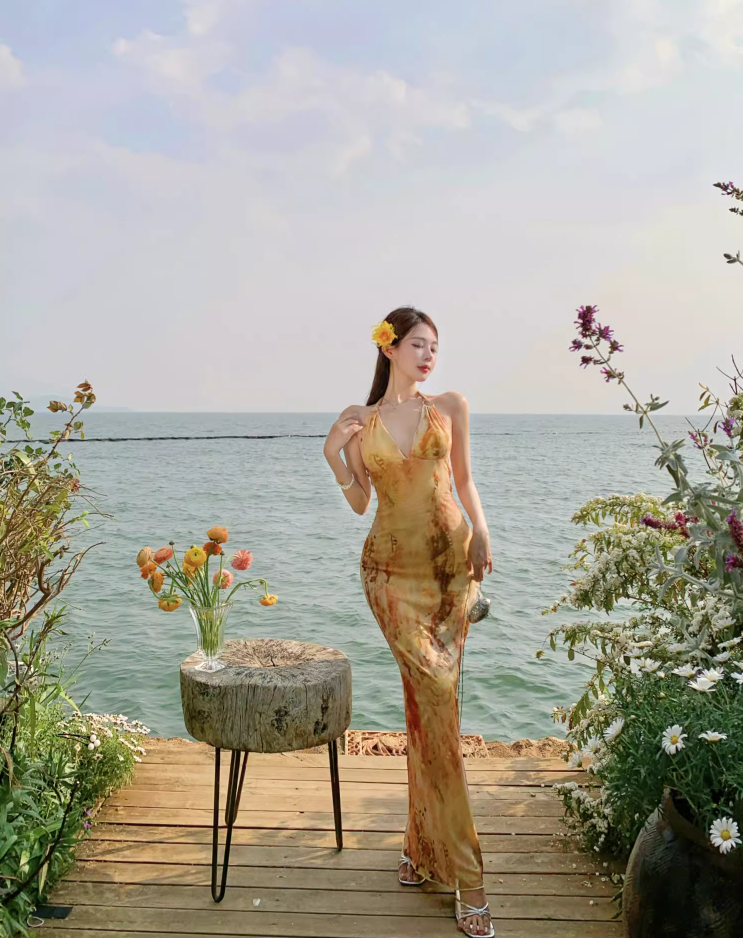 Chic Vacation Outfit Amber Abstract Print Mermaid Dress Backless Spaghetti Strap Party Bodycon Long Dress AP1116