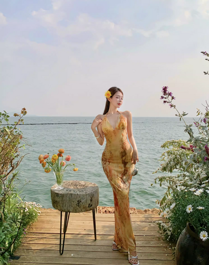 Chic Vacation Outfit Amber Abstract Print Mermaid Dress Backless Spaghetti Strap Party Bodycon Long Dress AP1116