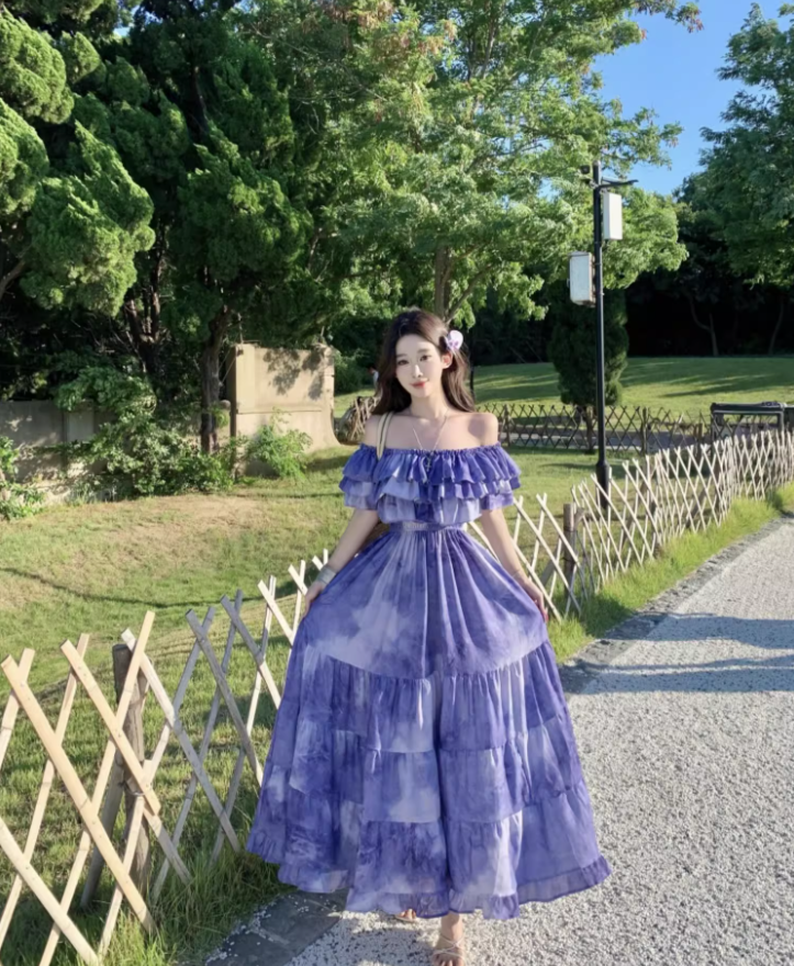 Chic Beach Vacations Purple Tie-Dye Long Dress Off-Shoulder Tiered Ruffles Long Dress AP1117