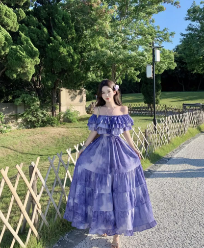 Chic Beach Vacations Purple Tie-Dye Long Dress Off-Shoulder Tiered Ruffles Long Dress AP1117