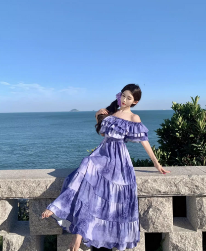 Chic Beach Vacations Purple Tie-Dye Long Dress Off-Shoulder Tiered Ruffles Long Dress AP1117