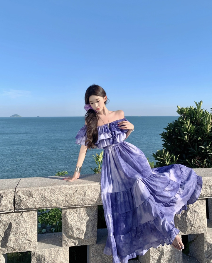 Chic Beach Vacations Purple Tie-Dye Long Dress Off-Shoulder Tiered Ruffles Long Dress AP1117