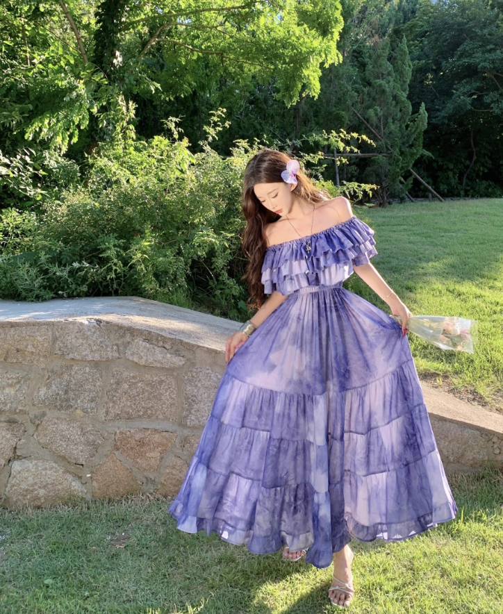Chic Beach Vacations Purple Tie-Dye Long Dress Off-Shoulder Tiered Ruffles Long Dress AP1117
