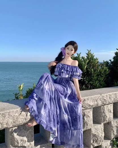 Chic Beach Vacations Purple Tie-Dye Long Dress Off-Shoulder Tiered Ruffles Long Dress AP1117