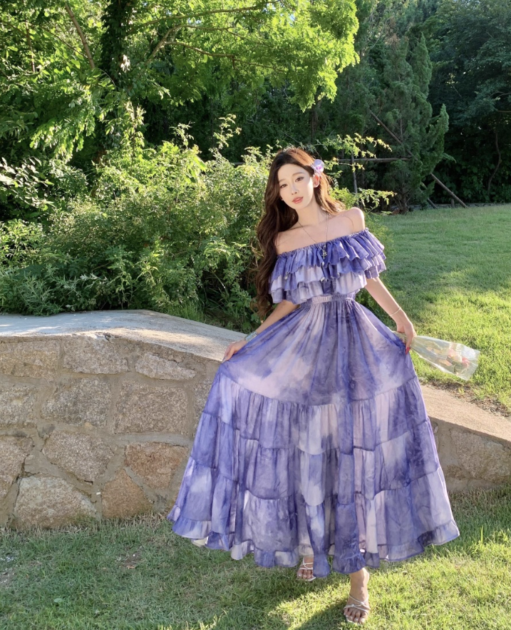 Chic Beach Vacations Purple Tie-Dye Long Dress Off-Shoulder Tiered Ruffles Long Dress AP1117