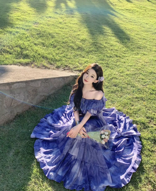 Chic Beach Vacations Purple Tie-Dye Long Dress Off-Shoulder Tiered Ruffles Long Dress AP1117
