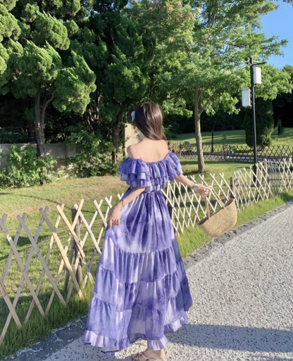 Chic Beach Vacations Purple Tie-Dye Long Dress Off-Shoulder Tiered Ruffles Long Dress AP1117