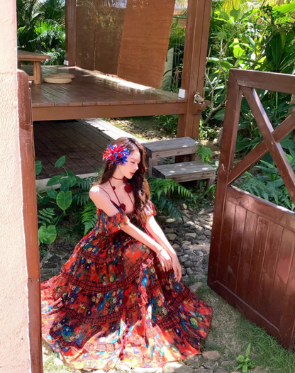 Vibrant Red Stereo Floral Photogenic Maxi Dress Colorful Floral Print Spaghetti Strap Long Dress AP1119