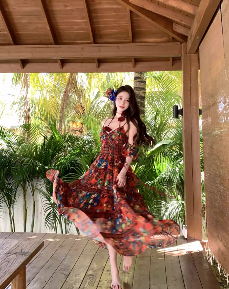 Vibrant Red Stereo Floral Photogenic Maxi Dress Colorful Floral Print Spaghetti Strap Long Dress AP1119