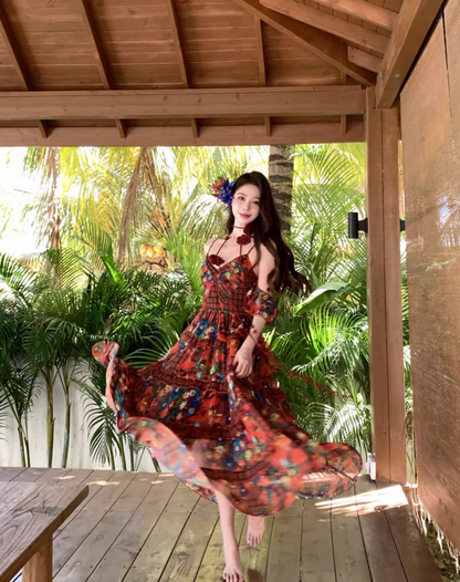 Vibrant Red Stereo Floral Photogenic Maxi Dress Colorful Floral Print Spaghetti Strap Long Dress AP1119