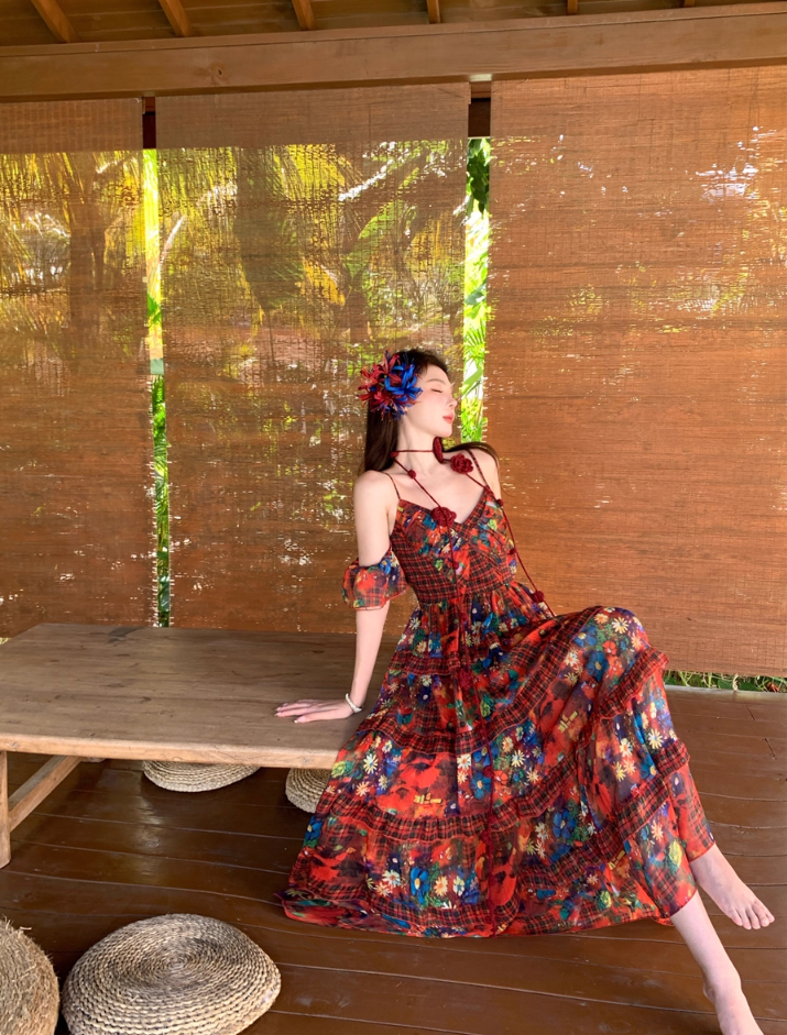 Vibrant Red Stereo Floral Photogenic Maxi Dress Colorful Floral Print Spaghetti Strap Long Dress AP1119