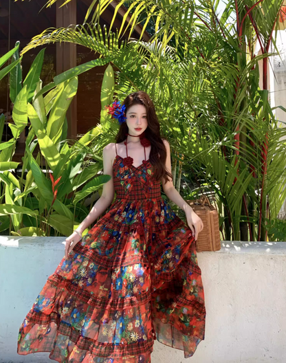 Vibrant Red Stereo Floral Photogenic Maxi Dress Colorful Floral Print Spaghetti Strap Long Dress AP1119