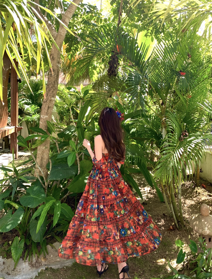 Vibrant Red Stereo Floral Photogenic Maxi Dress Colorful Floral Print Spaghetti Strap Long Dress AP1119