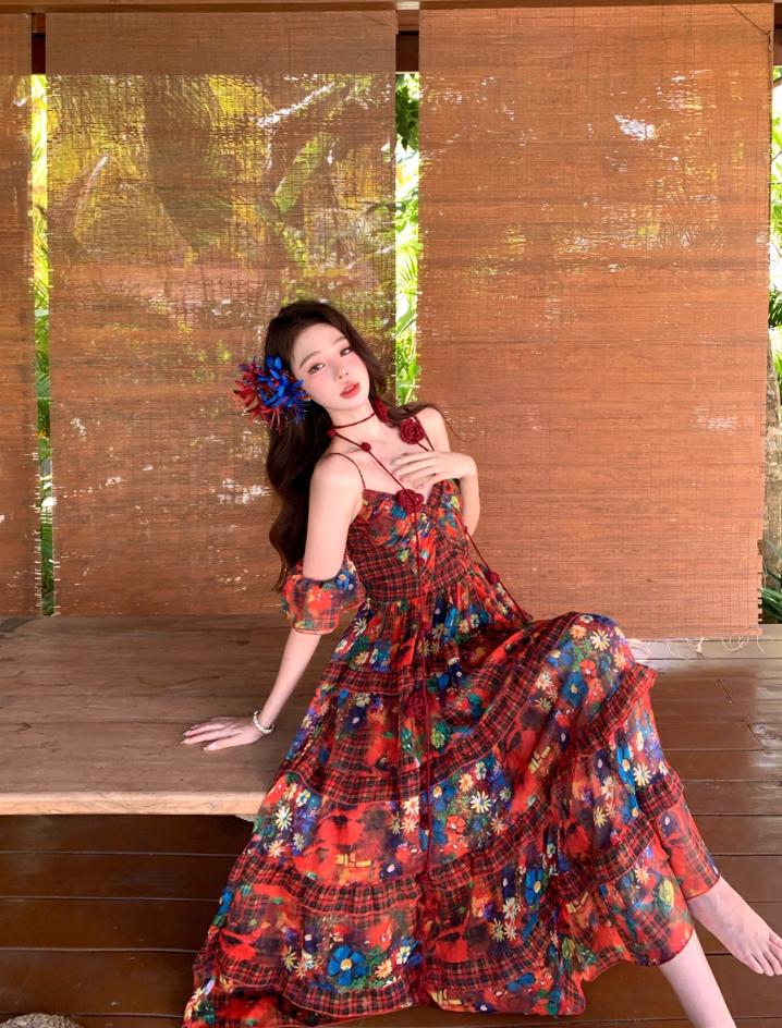 Vibrant Red Stereo Floral Photogenic Maxi Dress Colorful Floral Print Spaghetti Strap Long Dress AP1119
