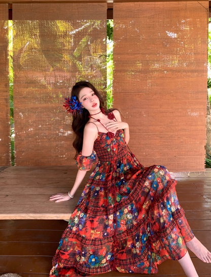 Vibrant Red Stereo Floral Photogenic Maxi Dress Colorful Floral Print Spaghetti Strap Long Dress AP1119