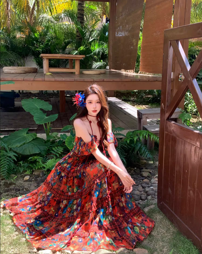 Vibrant Red Stereo Floral Photogenic Maxi Dress Colorful Floral Print Spaghetti Strap Long Dress AP1119
