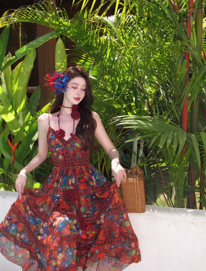 Vibrant Red Stereo Floral Photogenic Maxi Dress Colorful Floral Print Spaghetti Strap Long Dress AP1119