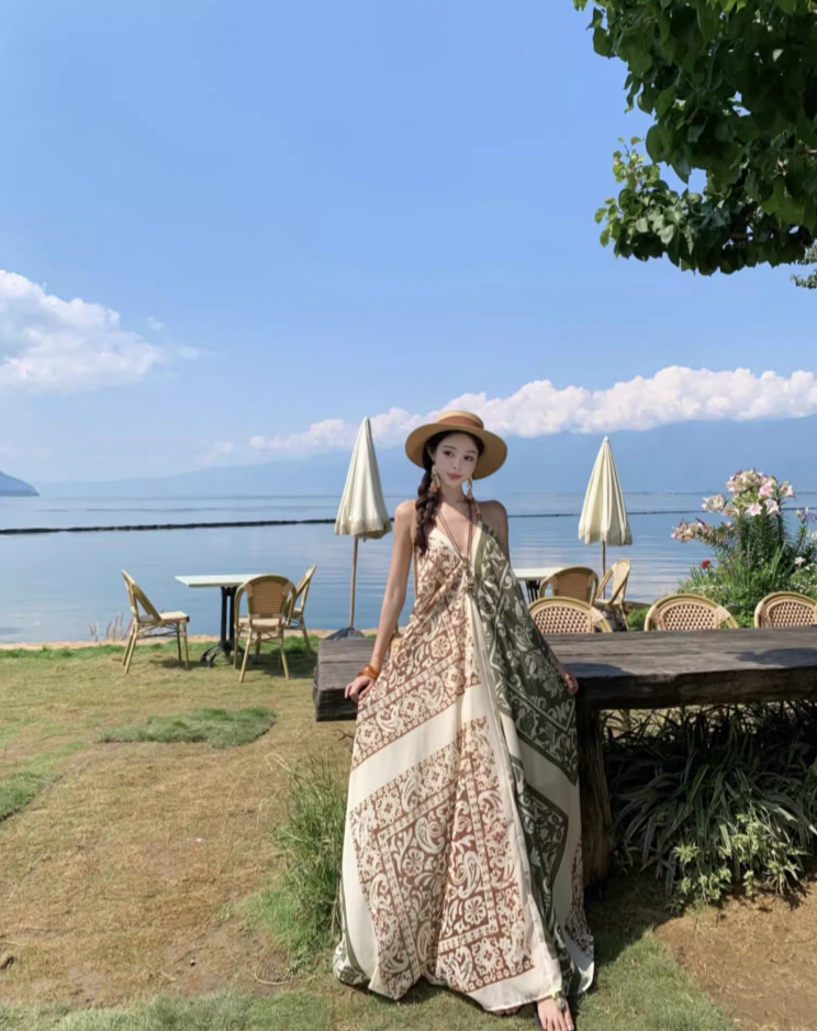 Boho Style Earthy Tone Tribal Pattern Getaways Maxi Dress V-Neck Flowy Halter Dress AP1120