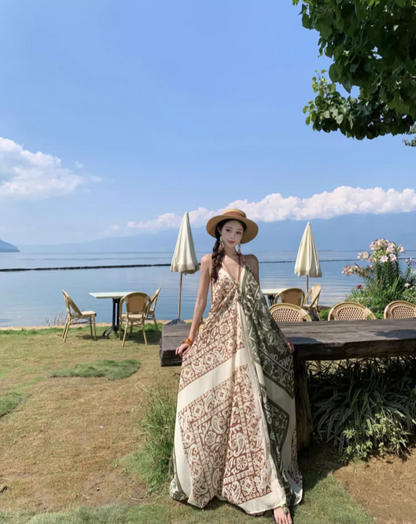 Boho Style Earthy Tone Tribal Pattern Getaways Maxi Dress V-Neck Flowy Halter Dress AP1120