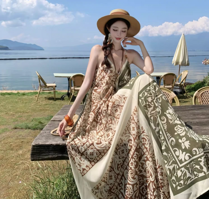 Boho Style Earthy Tone Tribal Pattern Getaways Maxi Dress V-Neck Flowy Halter Dress AP1120