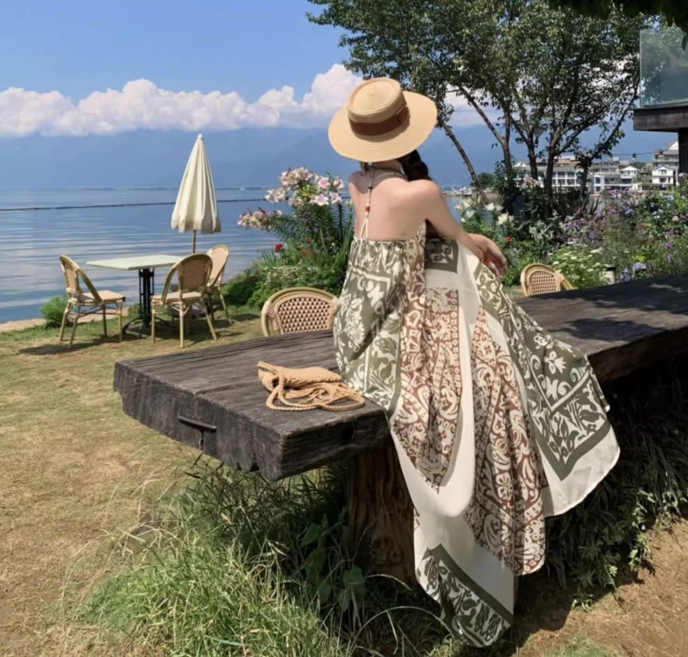 Boho Style Earthy Tone Tribal Pattern Getaways Maxi Dress V-Neck Flowy Halter Dress AP1120