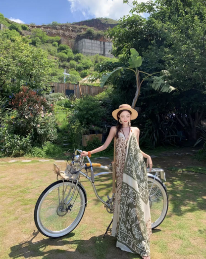 Boho Style Earthy Tone Tribal Pattern Getaways Maxi Dress V-Neck Flowy Halter Dress AP1120