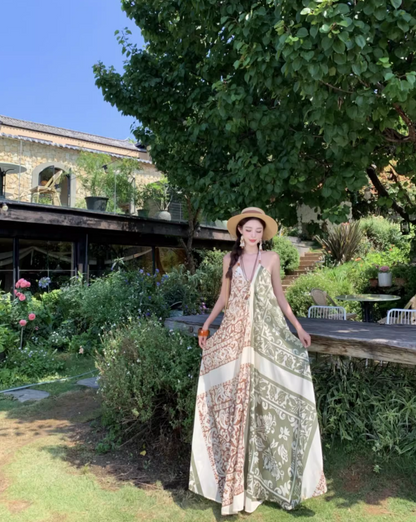 Boho Style Earthy Tone Tribal Pattern Getaways Maxi Dress V-Neck Flowy Halter Dress AP1120