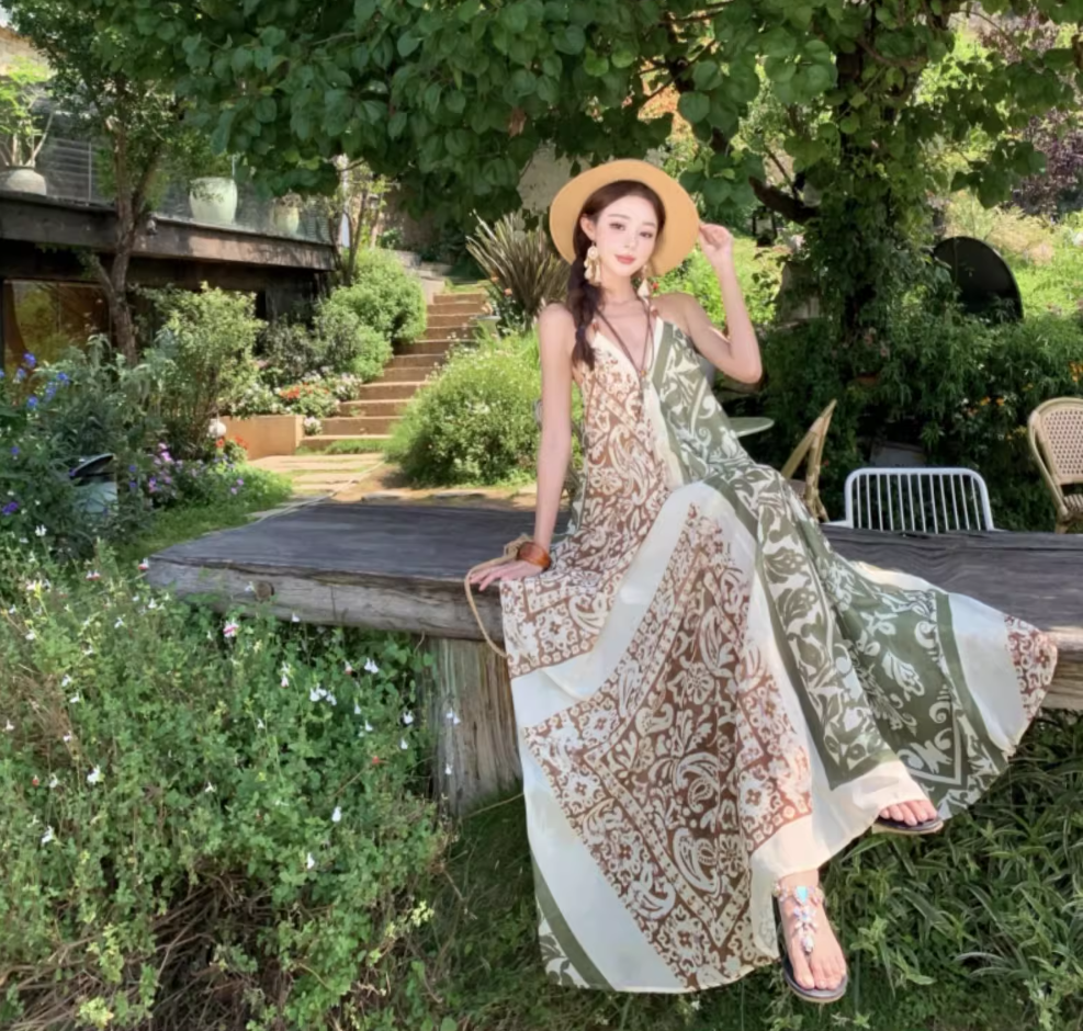 Boho Style Earthy Tone Tribal Pattern Getaways Maxi Dress V-Neck Flowy Halter Dress AP1120