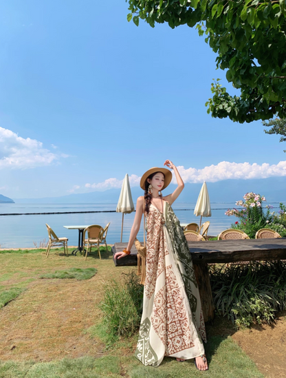 Boho Style Earthy Tone Tribal Pattern Getaways Maxi Dress V-Neck Flowy Halter Dress AP1120