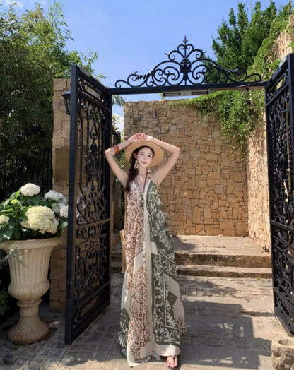 Boho Style Earthy Tone Tribal Pattern Getaways Maxi Dress V-Neck Flowy Halter Dress AP1120