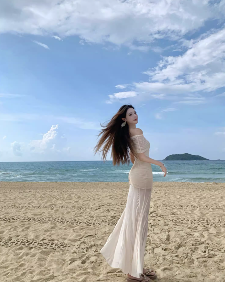 Graceful Vacations Outfit Sheath Long Dress Ruched Off-Shoulder Tulle Splicing Long Dress AP1121