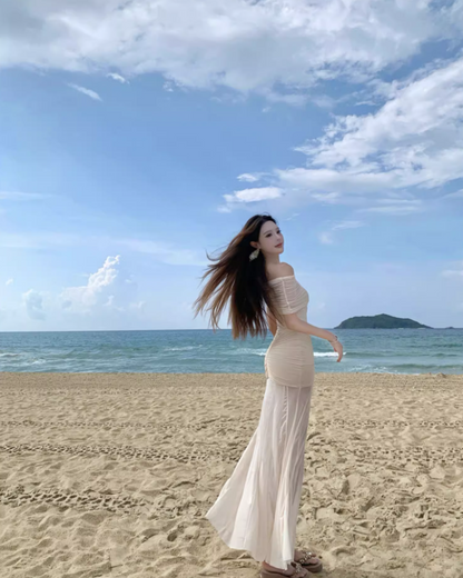 Graceful Vacations Outfit Sheath Long Dress Ruched Off-Shoulder Tulle Splicing Long Dress AP1121