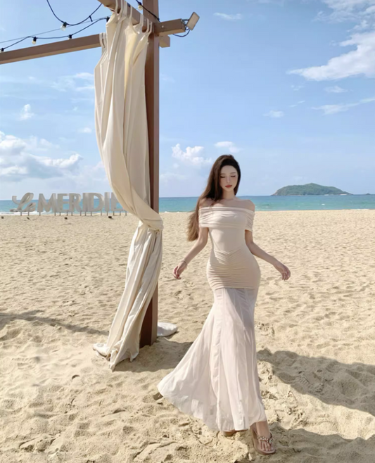 Graceful Vacations Outfit Sheath Long Dress Ruched Off-Shoulder Tulle Splicing Long Dress AP1121