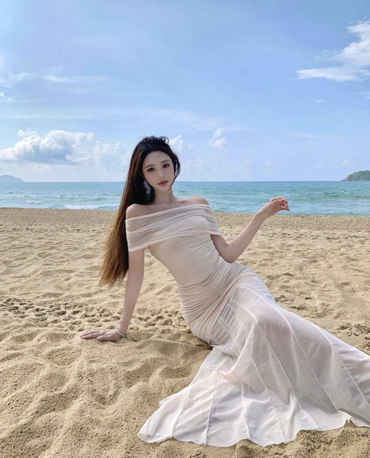 Graceful Vacations Outfit Sheath Long Dress Ruched Off-Shoulder Tulle Splicing Long Dress AP1121