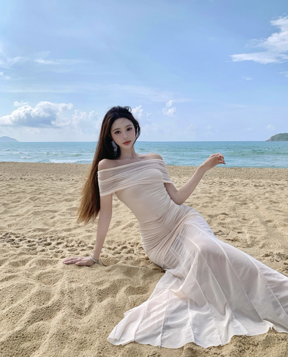 Graceful Vacations Outfit Sheath Long Dress Ruched Off-Shoulder Tulle Splicing Long Dress AP1121