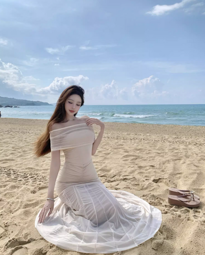 Graceful Vacations Outfit Sheath Long Dress Ruched Off-Shoulder Tulle Splicing Long Dress AP1121