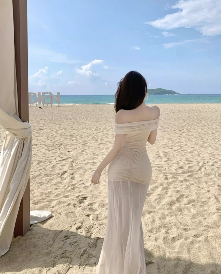 Graceful Vacations Outfit Sheath Long Dress Ruched Off-Shoulder Tulle Splicing Long Dress AP1121