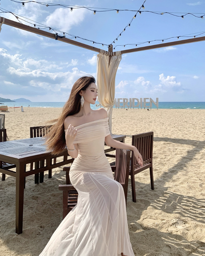Graceful Vacations Outfit Sheath Long Dress Ruched Off-Shoulder Tulle Splicing Long Dress AP1121