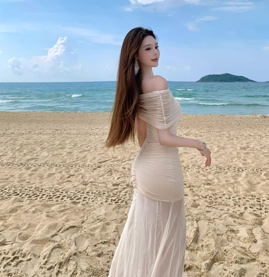 Graceful Vacations Outfit Sheath Long Dress Ruched Off-Shoulder Tulle Splicing Long Dress AP1121