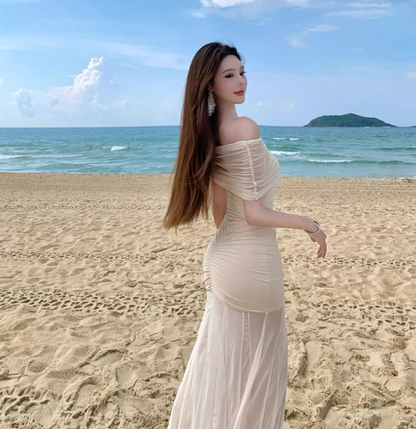 Graceful Vacations Outfit Sheath Long Dress Ruched Off-Shoulder Tulle Splicing Long Dress AP1121