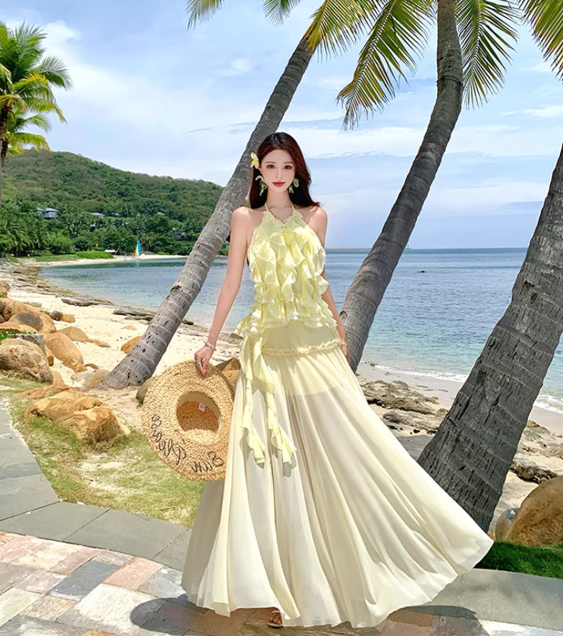 Ethereal Yellow Ruffled Flowy Maxi Dress Getaways Flutter Sheer Tulle Hem Halter Dress AP1122